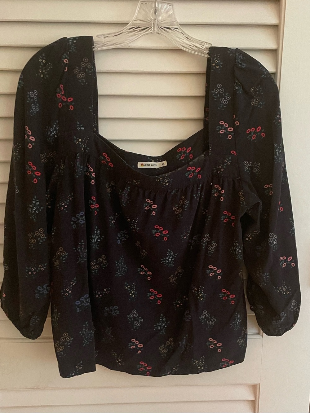 Marine Layer Navy Floral Square-Neck Peasant Blouse